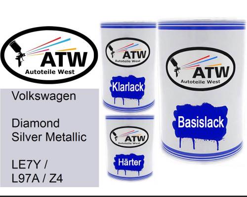 Volkswagen, Diamond Silver Metallic, LE7Y / L97A / Z4: 500ml Lackdose + 500ml Klarlack + 250ml Härter - Set, von ATW Autoteile West.